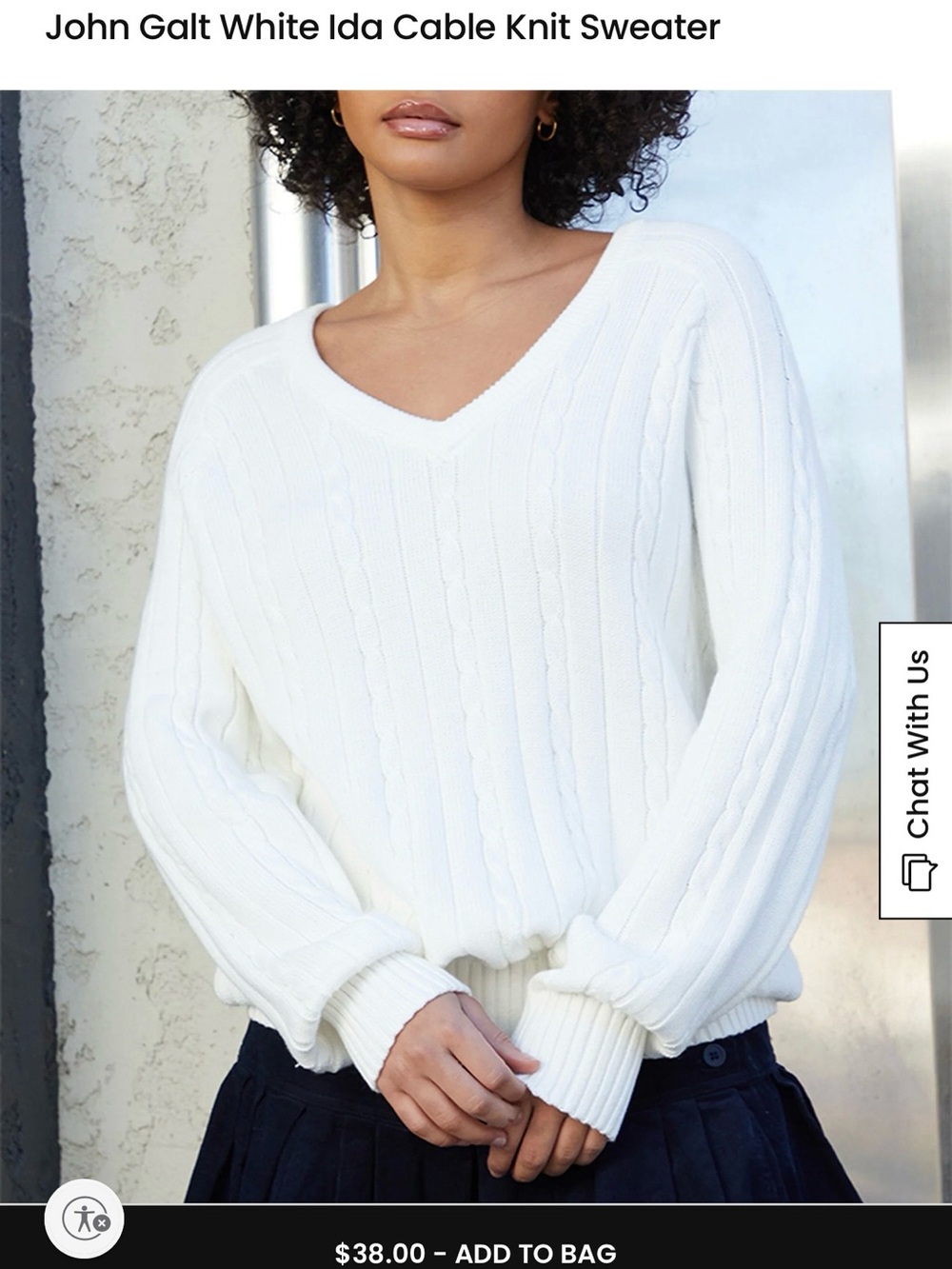 Brandy Melville White Cable Knit V-Neck Sweater